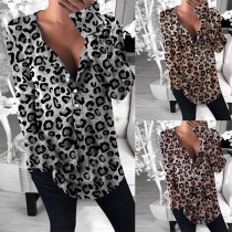 Fashion Long Sleeve V-neck Leopard Printed Blouse