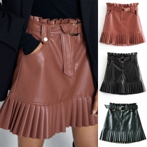 Fashion Solid Color High Waist Pleated Hem PU Leather Skirt with Waist Strap