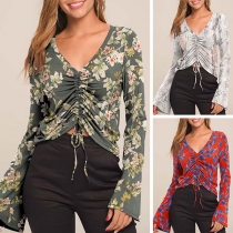 Sexy V-neck Trumpet Sleeve Drawstring Printed Top