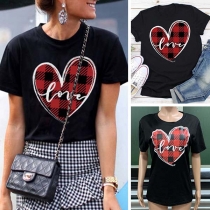Fashion Plaid Spliced Heart Pattern Short Sleeve T-shirt