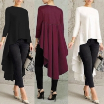 Fashion Solid Color Long Sleeve Round Neck High-low Hem Top