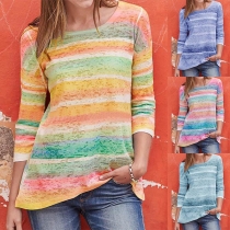 Fashion 3/4 Sleeve Round Neck Colorful Striped T-shirt