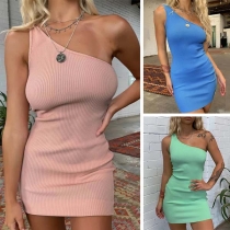 Sexy One-shoulder Sleeveless Solid Color Slim Fit Dress