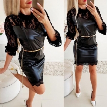 Sexy Hollow Out Lace Spliced 3/4 Sleeve PU Leather Dress