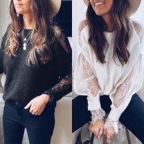 Sexy Lace Spliced Long Sleeve Round Neck Loose Knit Top