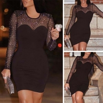Sexy Rhinestone Gauze Spliced Long Sleeve Tight Dress
