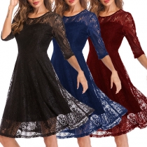 Elegant Solid Color 3/4 Sleeve Round Neck Lace Dress