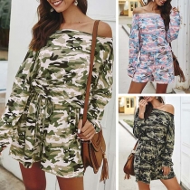 Fashion Long Sleeve Round Neck Drawstring Waist Camouflage Printed Romper