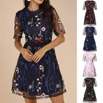 Bohemian Style Short Sleeve Round Neck Embroidered Dress