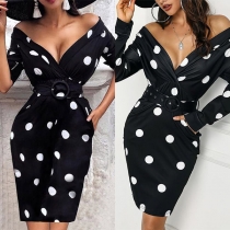 Sexy Deep V-neck Long Sleeve Slim Fit Dots Printed Dress