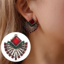 Bohemian Style Rhinestone Inlaid Fah-shaped Stud Earrings
