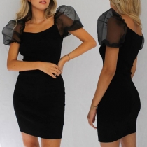 Sexy Gauze Spliced Puff Sleeve Square Collar Slim Fit Dress