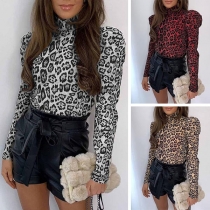 Fashion Long Sleeve Mock Neck Leopard Printed T-shirt