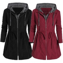 Fashion Contrast Color Long Sleeve Hooded Sweatshirt Coat