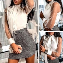 Sexy See-through Gauze Spliced Long Sleeve Lace-up Stand Collar Shirt