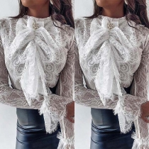 Sexy Trumpet Sleeve Bow-knot Collar Lace Top