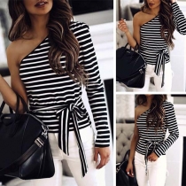 Sexy One-shoulder Long Sleeve Lace-up Striped T-shirt