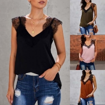 Sexy V-neck Lace Spliced Solid Color Sling Top