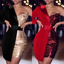 Sexy One-shoulder Long Sleeve Sequin Spliced Party Dress