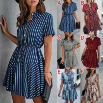 Fashion Short Sleeve Stand Collar Drawstring Waist Printed Shirt Dress