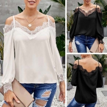 Sexy Off-shoulder Long Sleeve V-neck Lace Spliced Sling Top