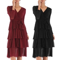 Sexy V-neck Long Sleeve Cake Hem Solid Color Dress