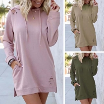 Fashion Solid Color Long Sleeve Hooded Ripped Sweatshirt Dress