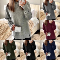 Fashion Solid Color Cowl Neck Slit Hem Loose Sweatshirt