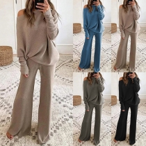 Fashion Solid Colo Long Sleeve Knit Top + Pants Two-piece Set