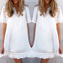 Fashion Short Sleeve V-neck Tassel Hem Loose Dress