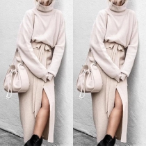 Fashion Solid Colo Long Sleeve Turtleneck Top + Skit Hem Skirt Two-piece Set