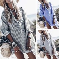 Fashion Long Sleeve V-neck Striped Long Shirt