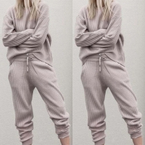 Fashion Solid Color Long Sleeve Knit Top + Pants Two-piece Set
