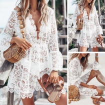 Sexy Deep V-neck Long Sleeve Hollow Out Lace Dress