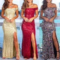 Sexy Off-shoulder Boat Neck Slit Hem Sequin Party Dress