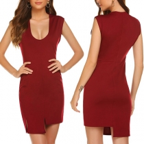 Sexy V-neck Sleeveless Irregular Hem Solid Color Slim Fit Dress