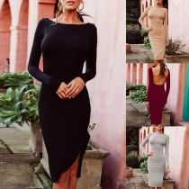 Sexy Backless Slit Hem Long Sleeve Solid Color Slim Fit Dress