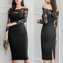 Sexy Lace Spliced Boat Neck 3/4 Sleeve Slim Fit Dress