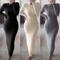 Fashion Solid Color Long Sleeve Round Neck SLim Fit Knit Dress