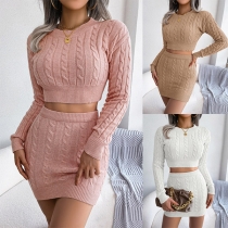 Fashion Solid Color Long Sleeve Round Neck Knit Top + Skirt Two-piece Set