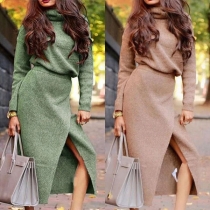 Fashion Solid Color Turtleneck Knit Top + Slit Skirt Length Skirt Two-piece Set