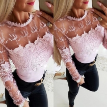Sexy See-through Lace Spliced Long Sleeve Round Neck T-shirt