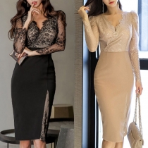 Sexy Lace Spliced Long Sleeve V-neck Slim Fit Dress