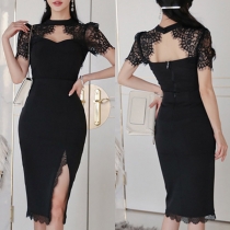 Sexy Hollow Out Lace Spliced Short Sleeve Top + Slit Hem Skirt Two-piece Set