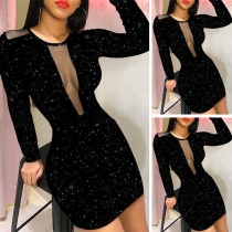 Sexy See-through Gauze Spliced Long Sleeve Round Neck Tight Dress