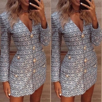 OL Style Long Sleeve V-neck Single-breasted Printed Dress