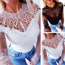 Sexy Hollow Out Lace Spliced Long Sleeve Round Neck T-shirt