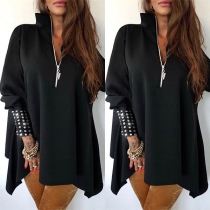 Fashion Solid Color Long Sleeve Stand Collar Irregular Hem Loose Top