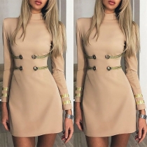 Elegant Solid Color Long Sleeve Mock Neck Slim Fit Dress