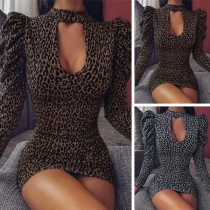 Sexy Hollow Out Puff Sleeve Leopard Spliced Slim Fit Dress